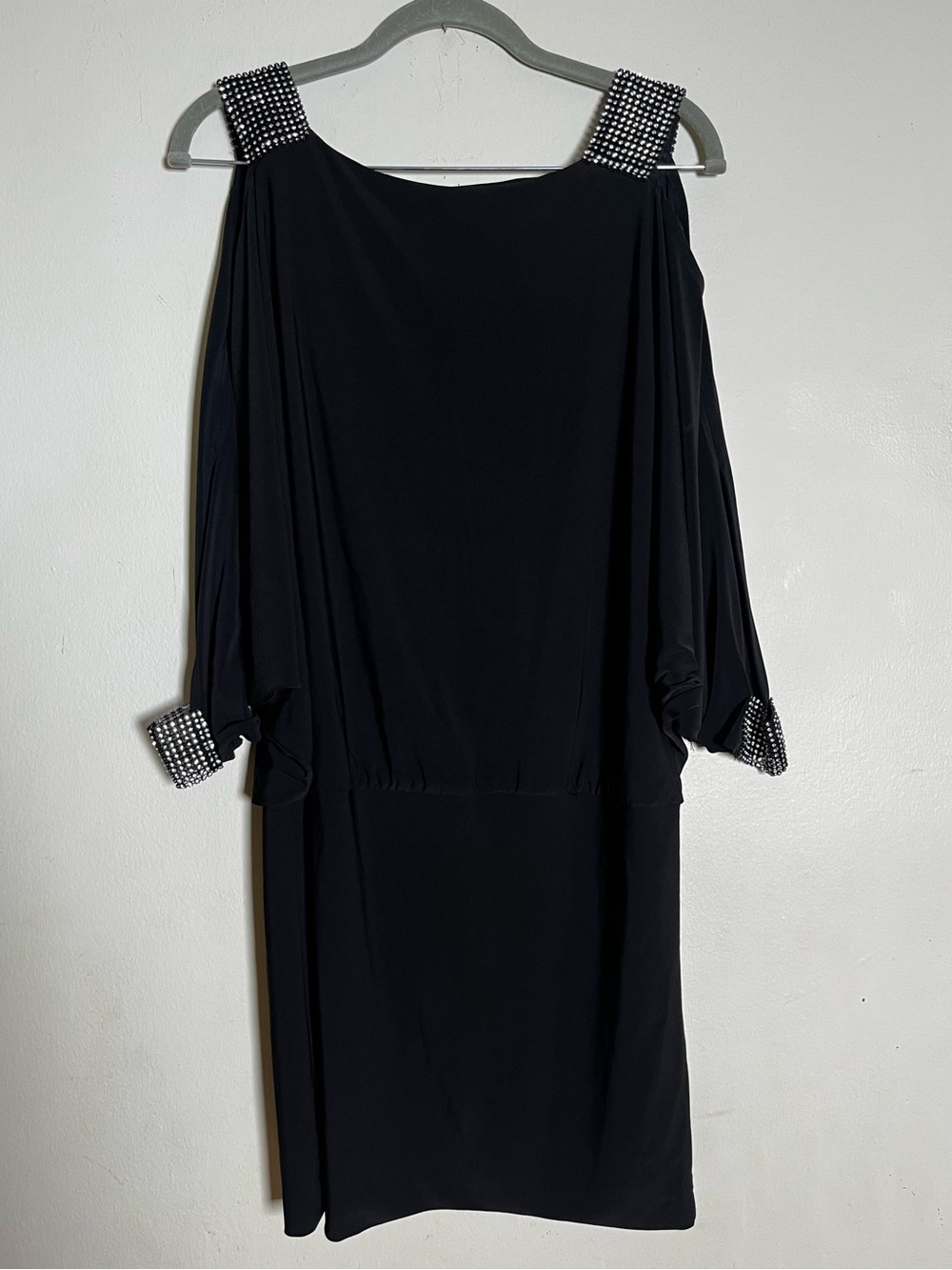 Black Cold-Shoulder Long-Sleeve Dress with Embellished Straps